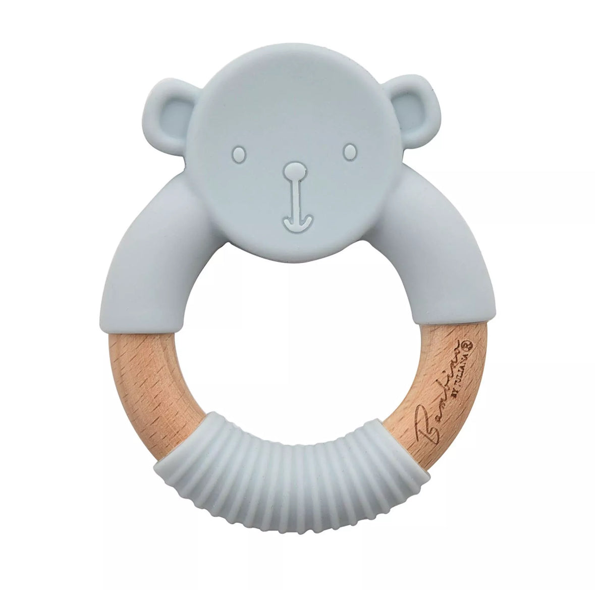 Blauwe teddy bijtring van Bambino by Juliana® – houten ring met siliconen hoes