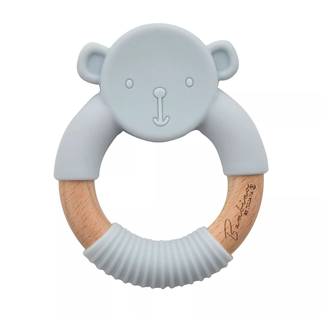 Blauwe teddy bijtring van Bambino by Juliana® – houten ring met siliconen hoes