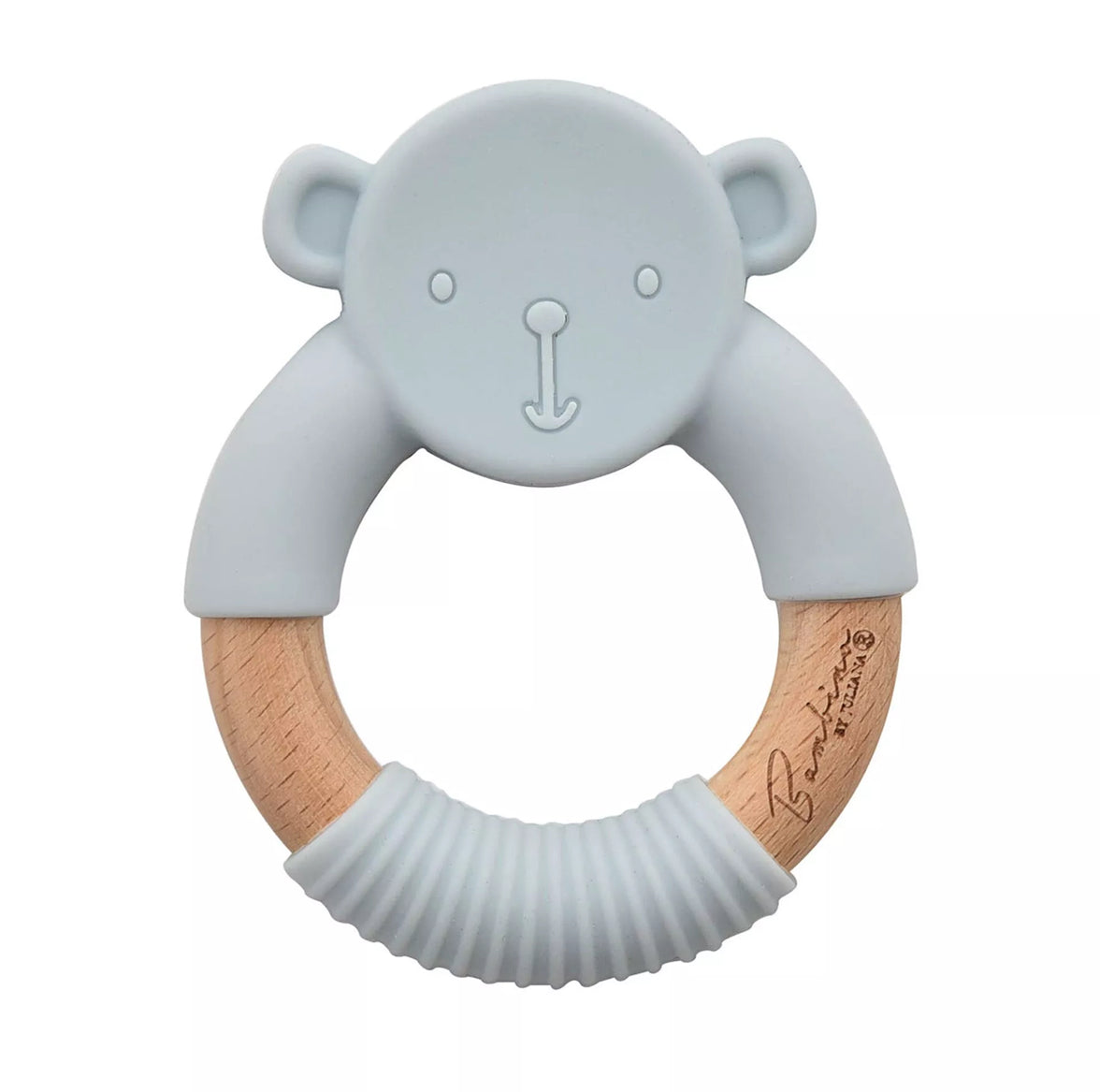 Blauwe teddy bijtring van Bambino by Juliana® – houten ring met siliconen hoes