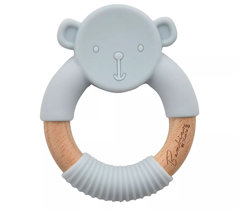 Blauwe teddy bijtring van Bambino by Juliana® – houten ring met siliconen hoes