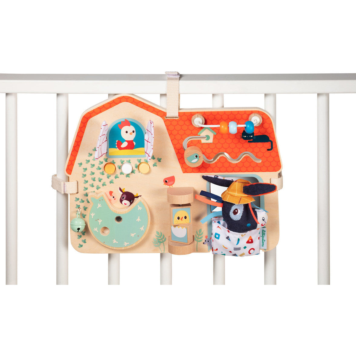 "Lilliputiens houten activiteitenpaneel De Boerderij opgehangen aan box met klittenband – interactief babyspeelgoed vanaf 9 maanden"