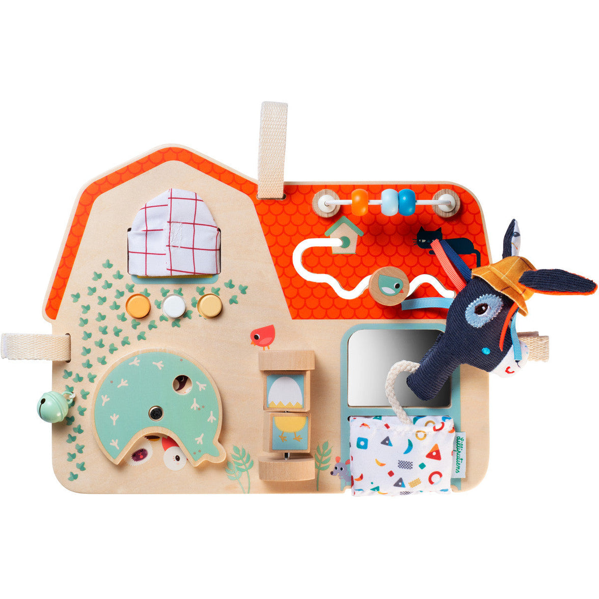 "Interactief houten activityboard met kralen, bel en voelmaterialen – Lilliputiens boerderij"