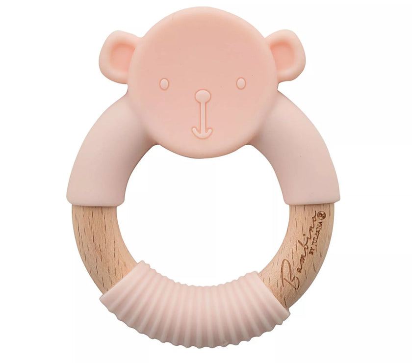 Luxe cadeauverpakking met baby bijtring van hout en siliconen in teddyvorm