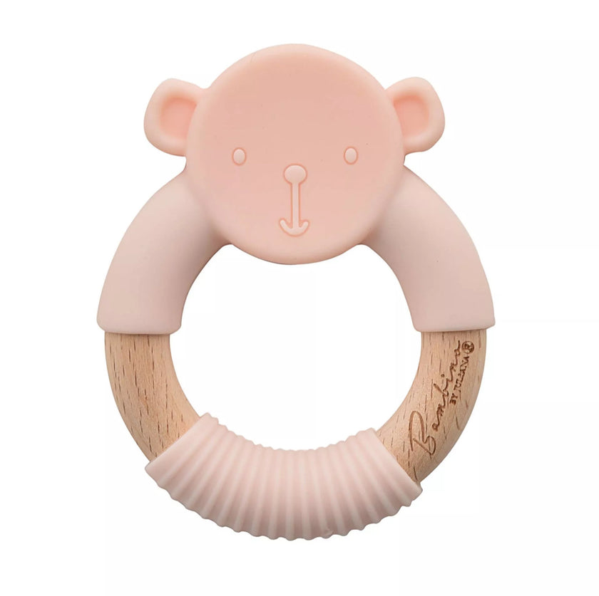 Luxe cadeauverpakking met baby bijtring van hout en siliconen in teddyvorm