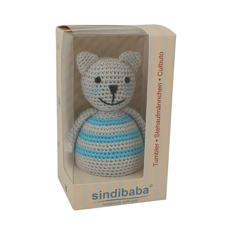 Gehaakte Tuimelaar Kat Baby Blauw/Grijs in verpakking