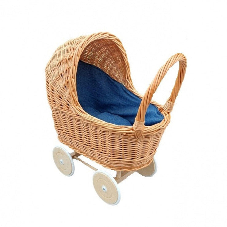 Hollie rieten poppenwagen met kap Jeans blauw