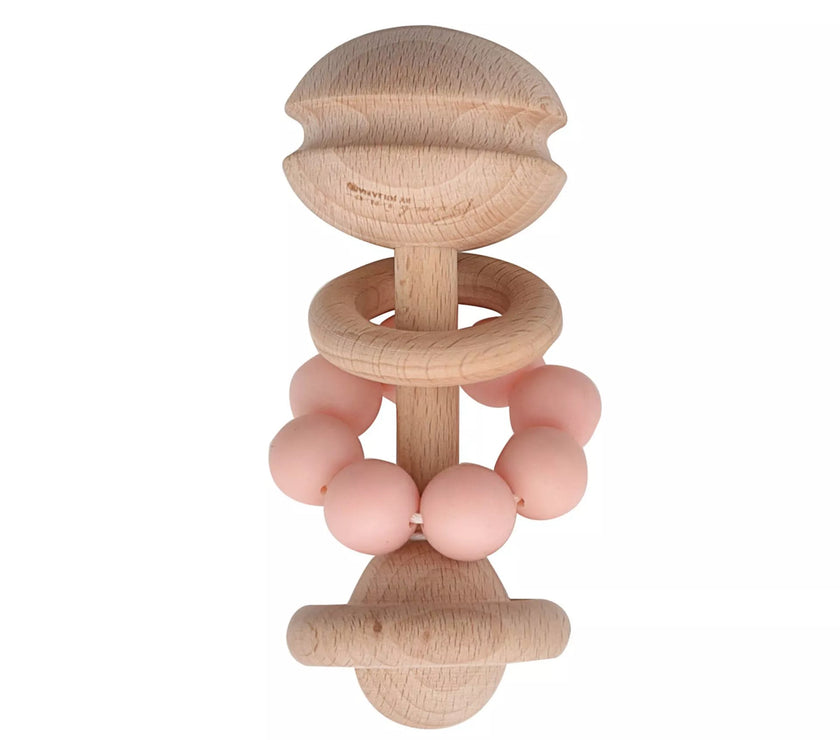"BAMBINO BY JULIANA® houten rammelaar met pastelroze siliconen kralen, duurzaam en veilig bijtspeeltje."