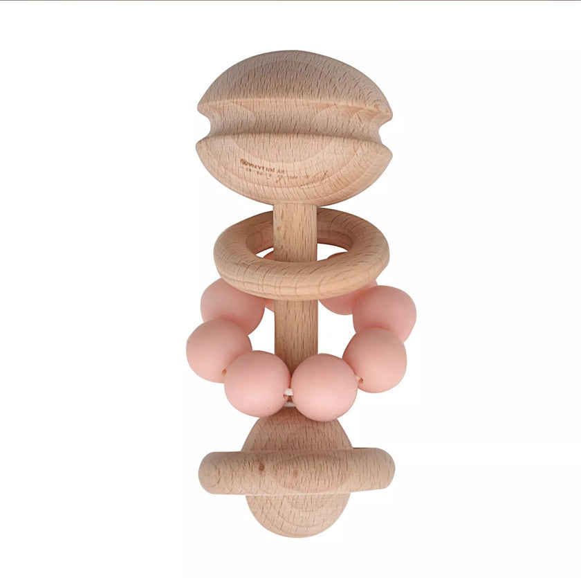 "BAMBINO BY JULIANA® houten rammelaar met pastelroze siliconen kralen, duurzaam en veilig bijtspeeltje."