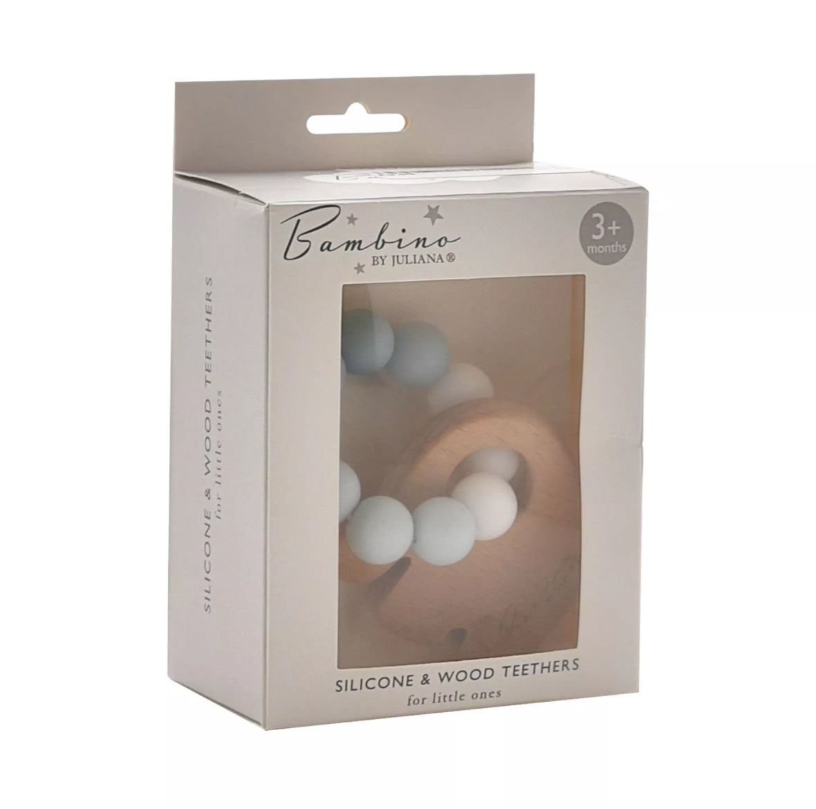 "Duurzaam houten olifantenhandvat met zachte siliconen kralen, perfect voor baby's om op te bijten."