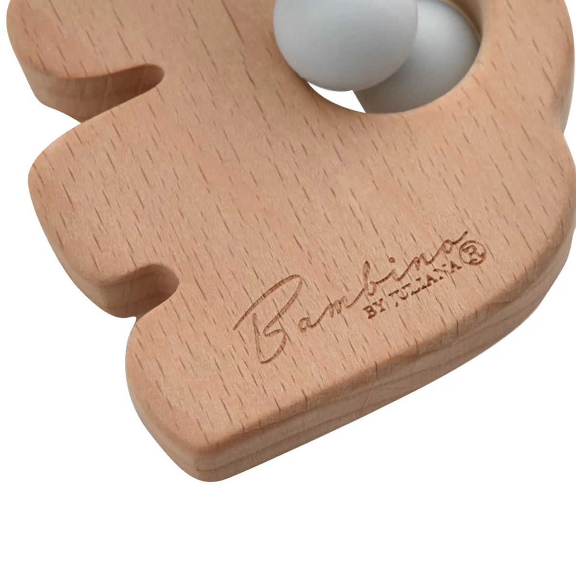 "Stijlvol verpakt olifanten bijtspeeltje met natuurlijke houtafwerking en kindvriendelijke kralen."