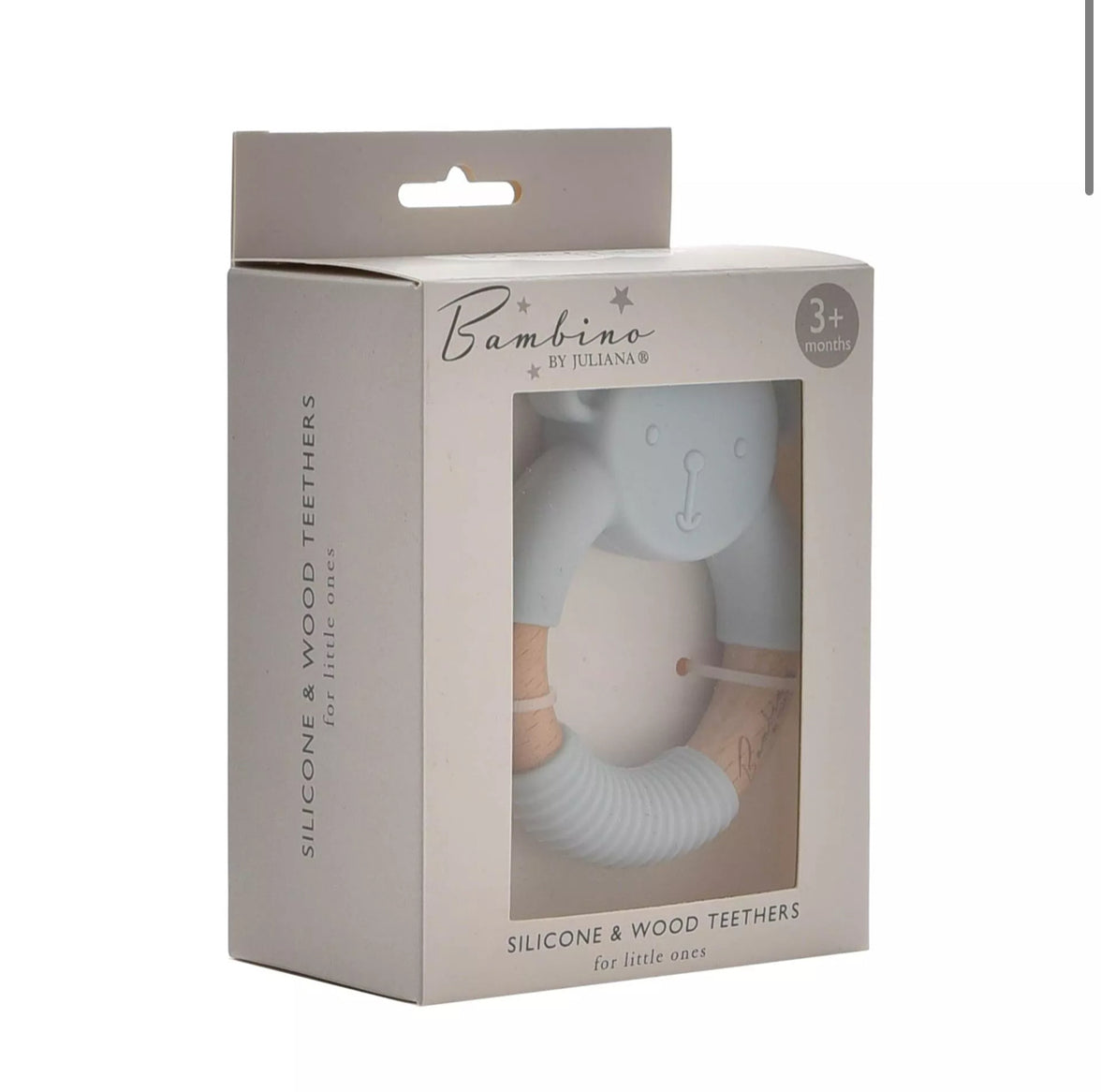 Houten en siliconen bijtring voor baby’s – blauw teddybeerontwerp in cadeauverpakking