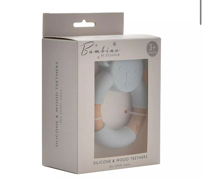 Houten en siliconen bijtring voor baby’s – blauw teddybeerontwerp in cadeauverpakking