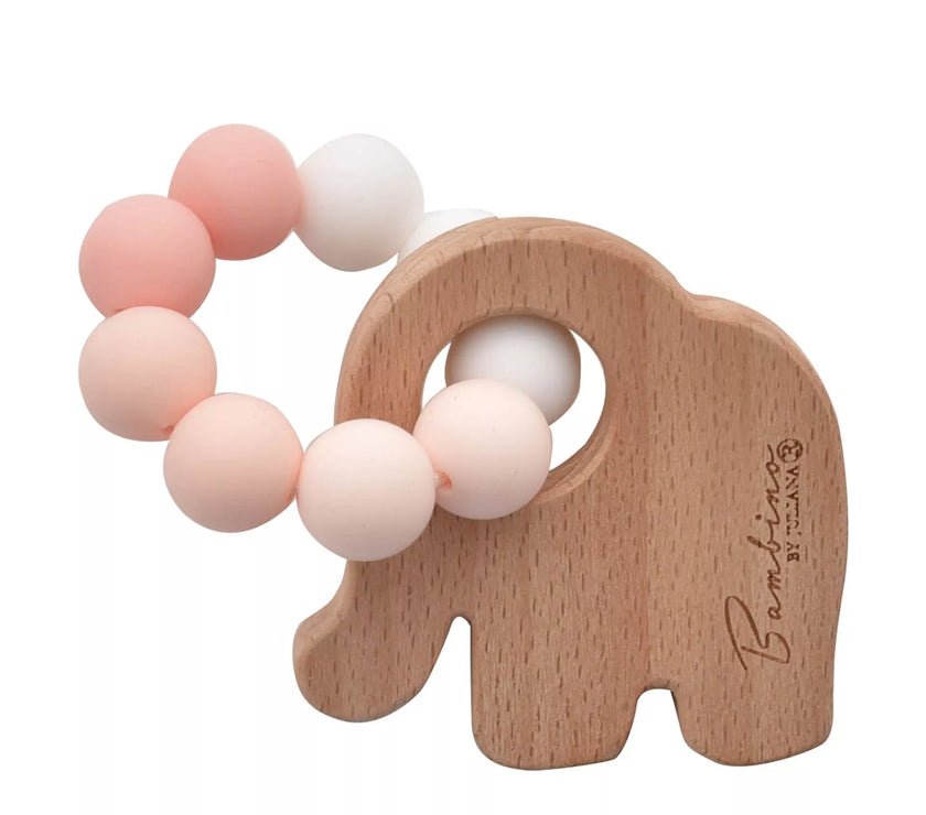 "Olifantvormig houten bijtspeeltje van BAMBINO BY JULIANA® met witte en pastelroze siliconen kralen."