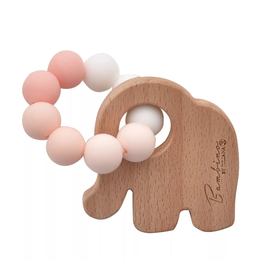 "Olifantvormig houten bijtspeeltje van BAMBINO BY JULIANA® met witte en pastelroze siliconen kralen."