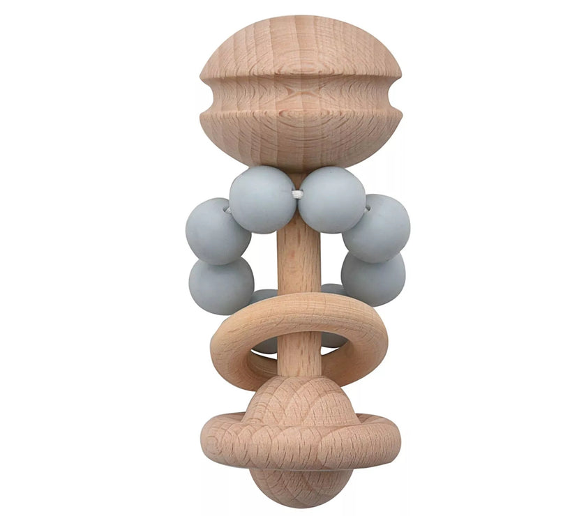 Blauwe rammelaar bijtring van Bambino by Juliana® – hout met siliconen kralen
