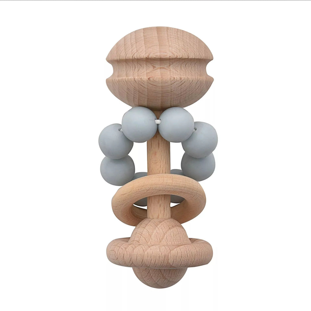 Blauwe rammelaar bijtring van Bambino by Juliana® – hout met siliconen kralen