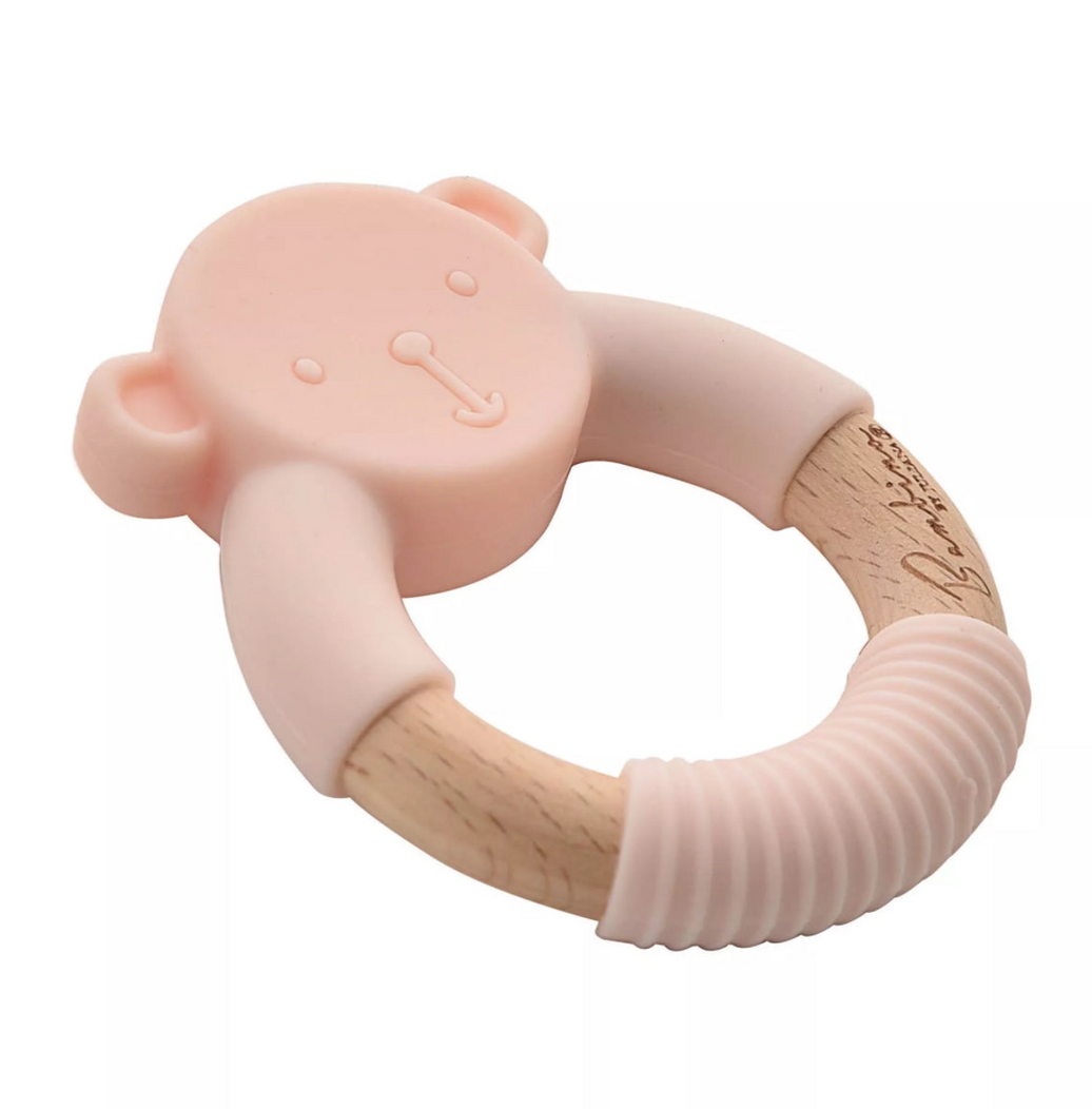 Teddy bijtring van Bambino by Juliana® – houten ring met roze siliconen hoes