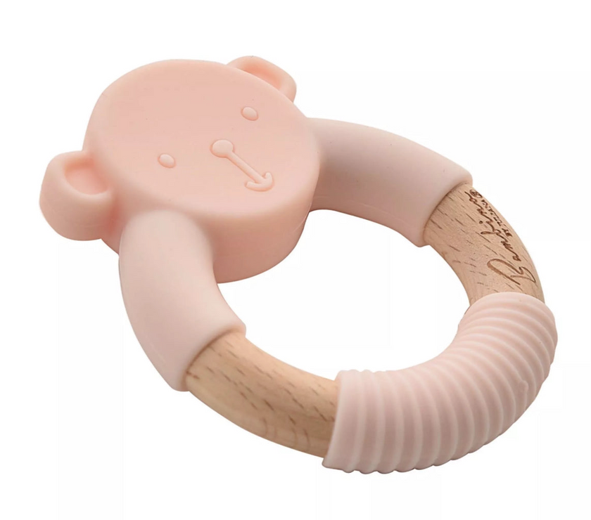 Teddy bijtring van Bambino by Juliana® – houten ring met roze siliconen hoes