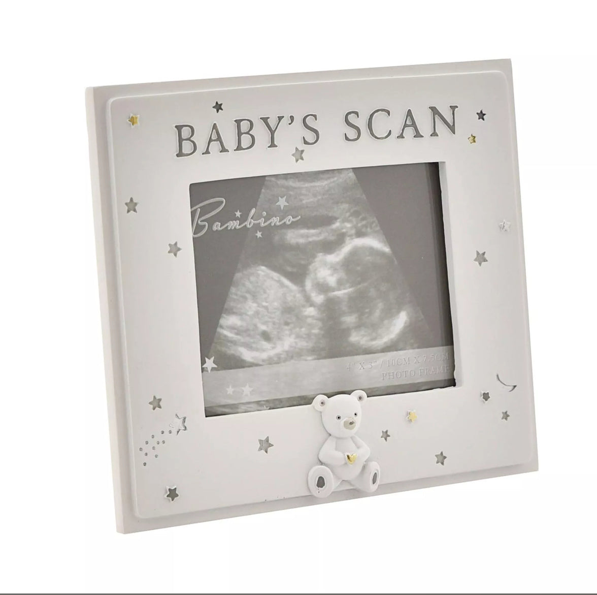 "Wit resin baby scan fotolijstje van BAMBINO BY JULIANA® met handgeschilderde starry night decoratie en teddybeer."