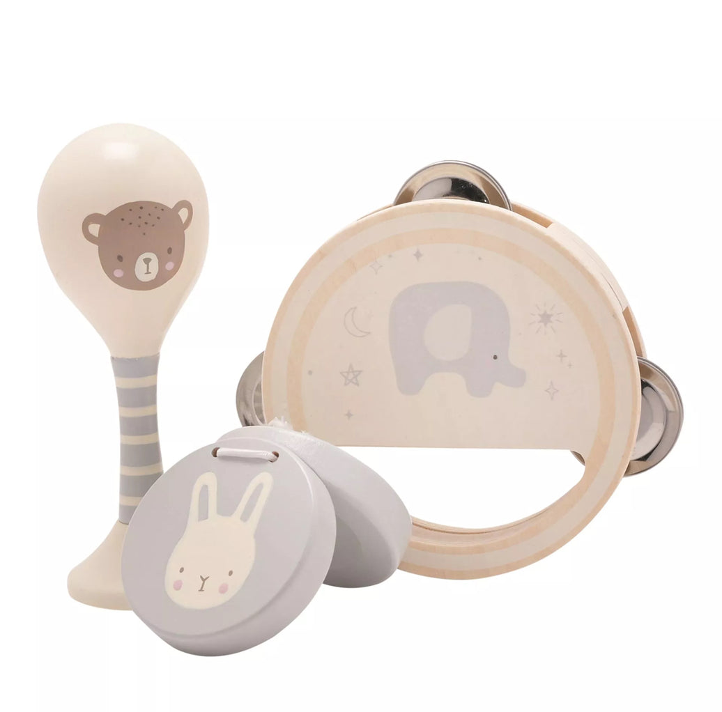 Houten muziekset voor kinderen met maraca, tamboerijn en castagnetten van Bambino by Juliana®