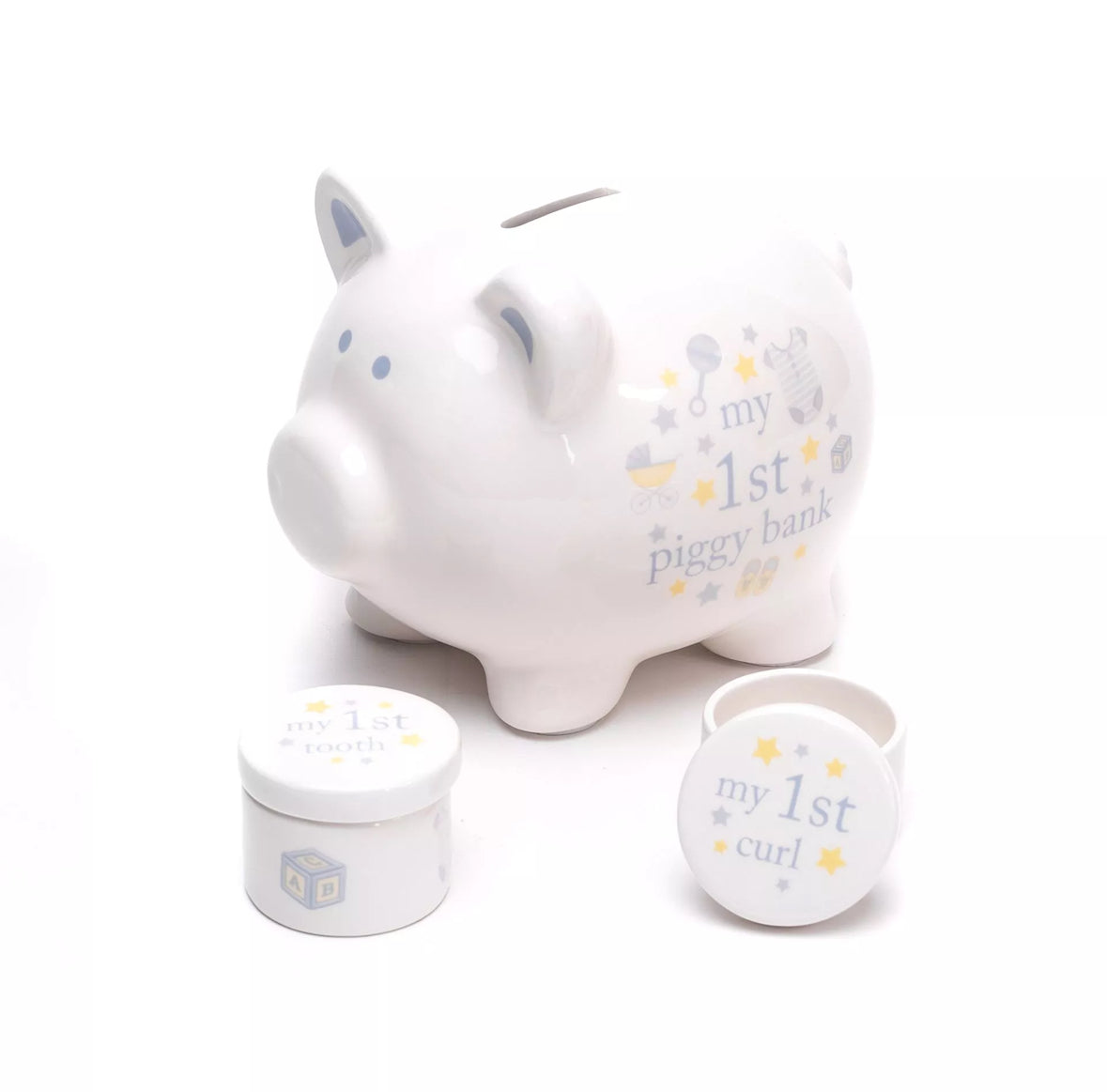 Keramische baby herinneringsset met spaarpot, tandendoosje en haarlokdoosje in blauw en wit