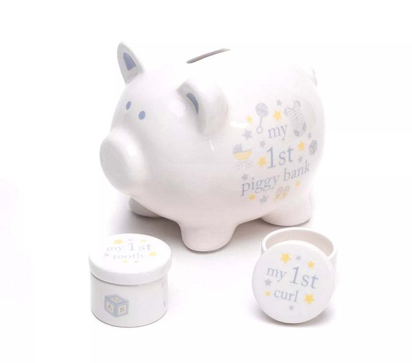 Keramische baby herinneringsset met spaarpot, tandendoosje en haarlokdoosje in blauw en wit