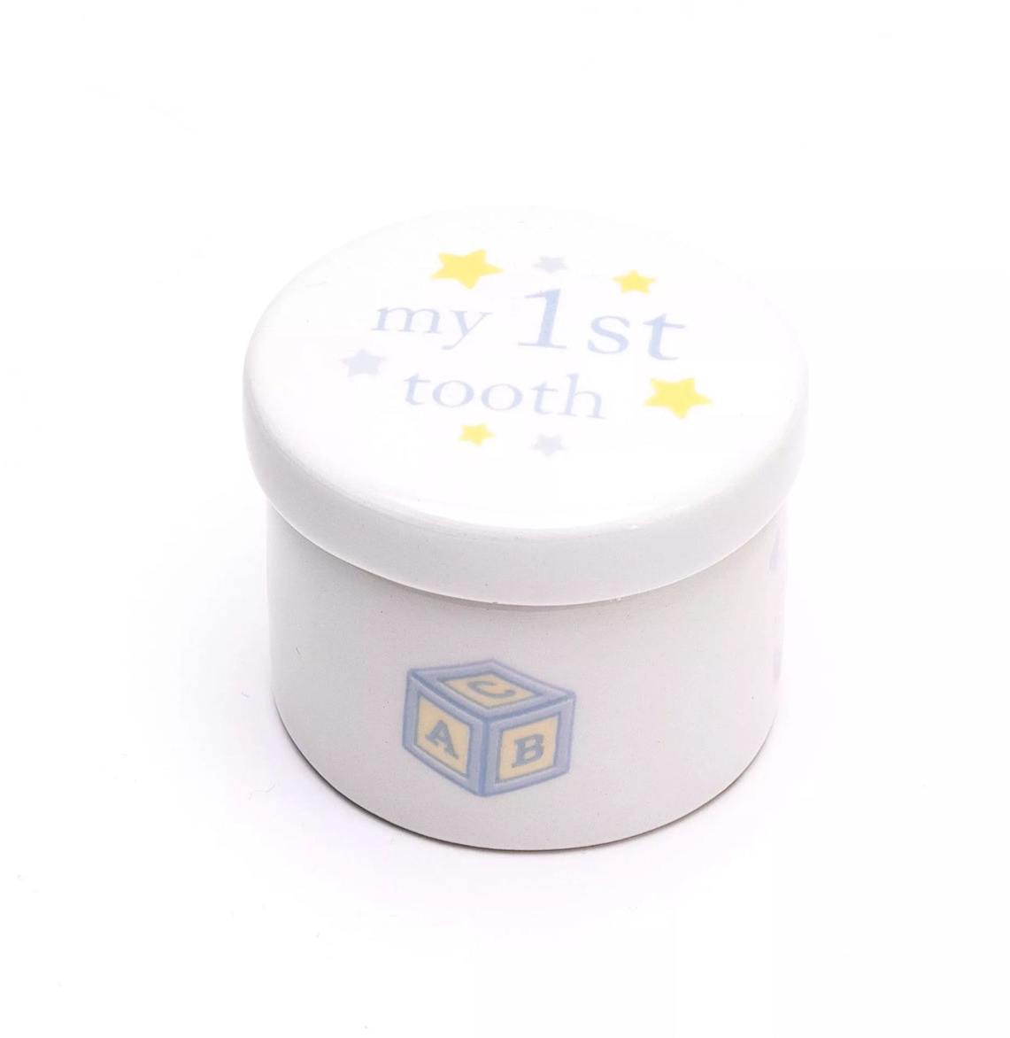 Witte keramische set met blauwe details – baby’s eerste mijlpalen bewaren in stijl