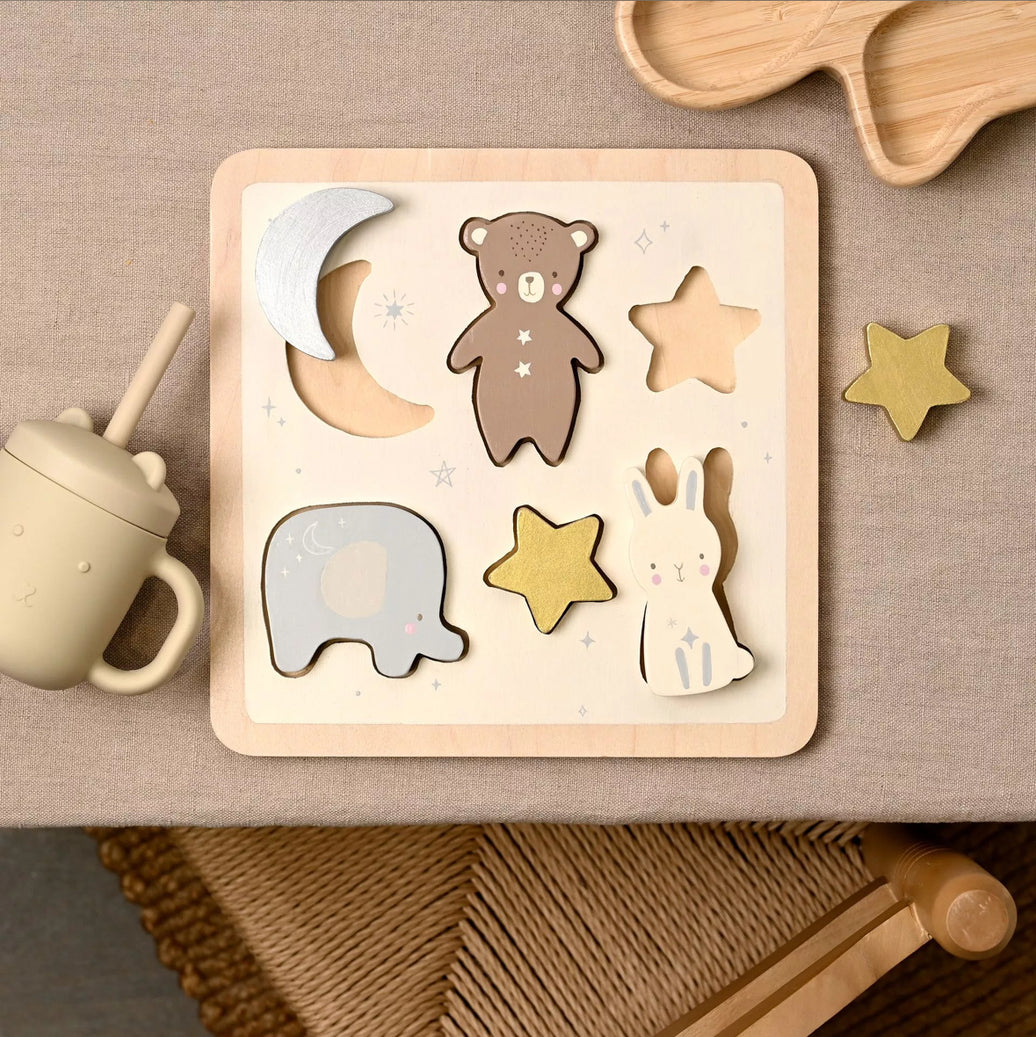 Houten dierenpuzzel Bambino by Juliana® met grijze sterretjes op het bord