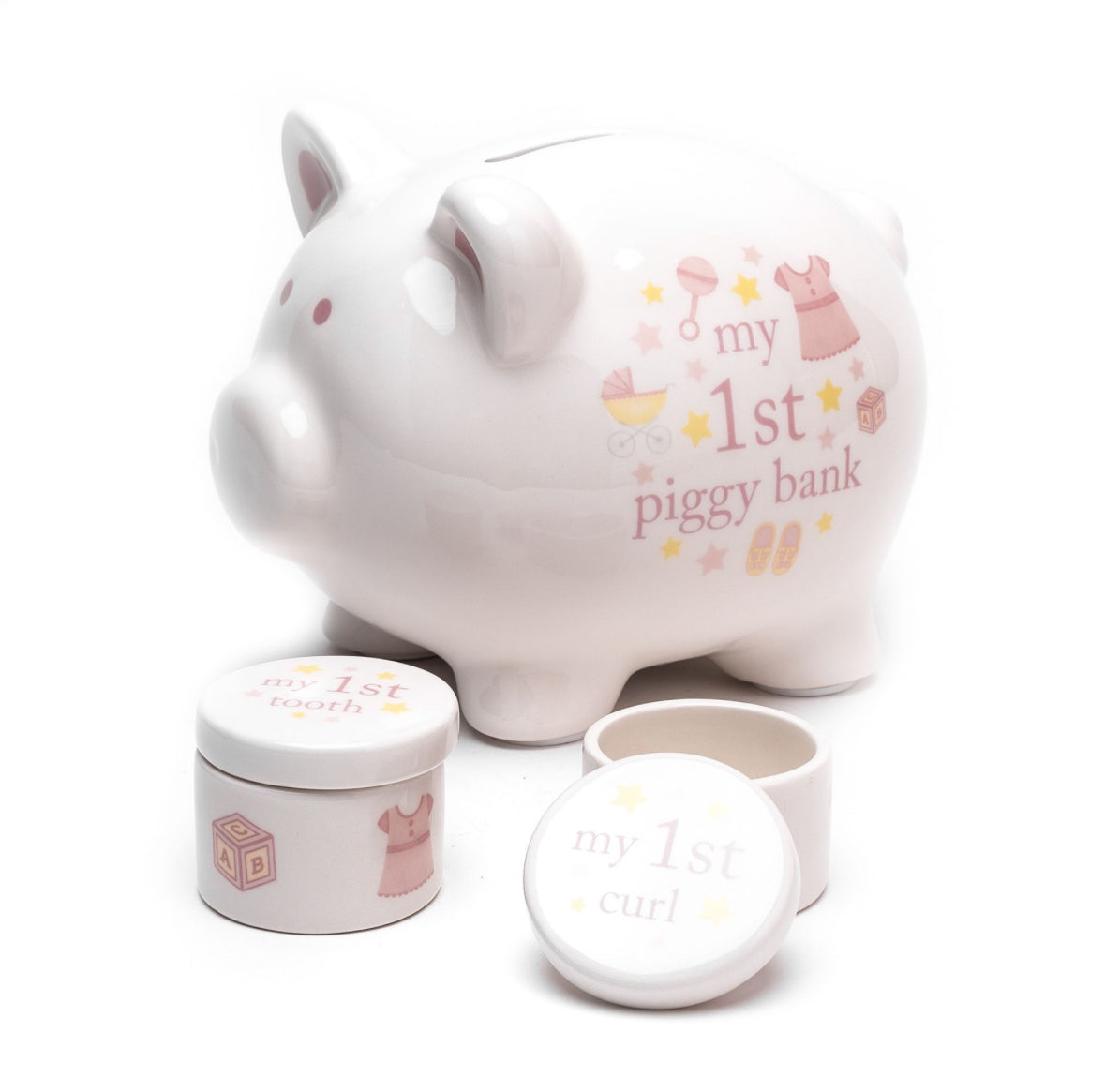 Keramische herinneringsset babymeisje – eerste tandje, haarlok en spaarpot in roze