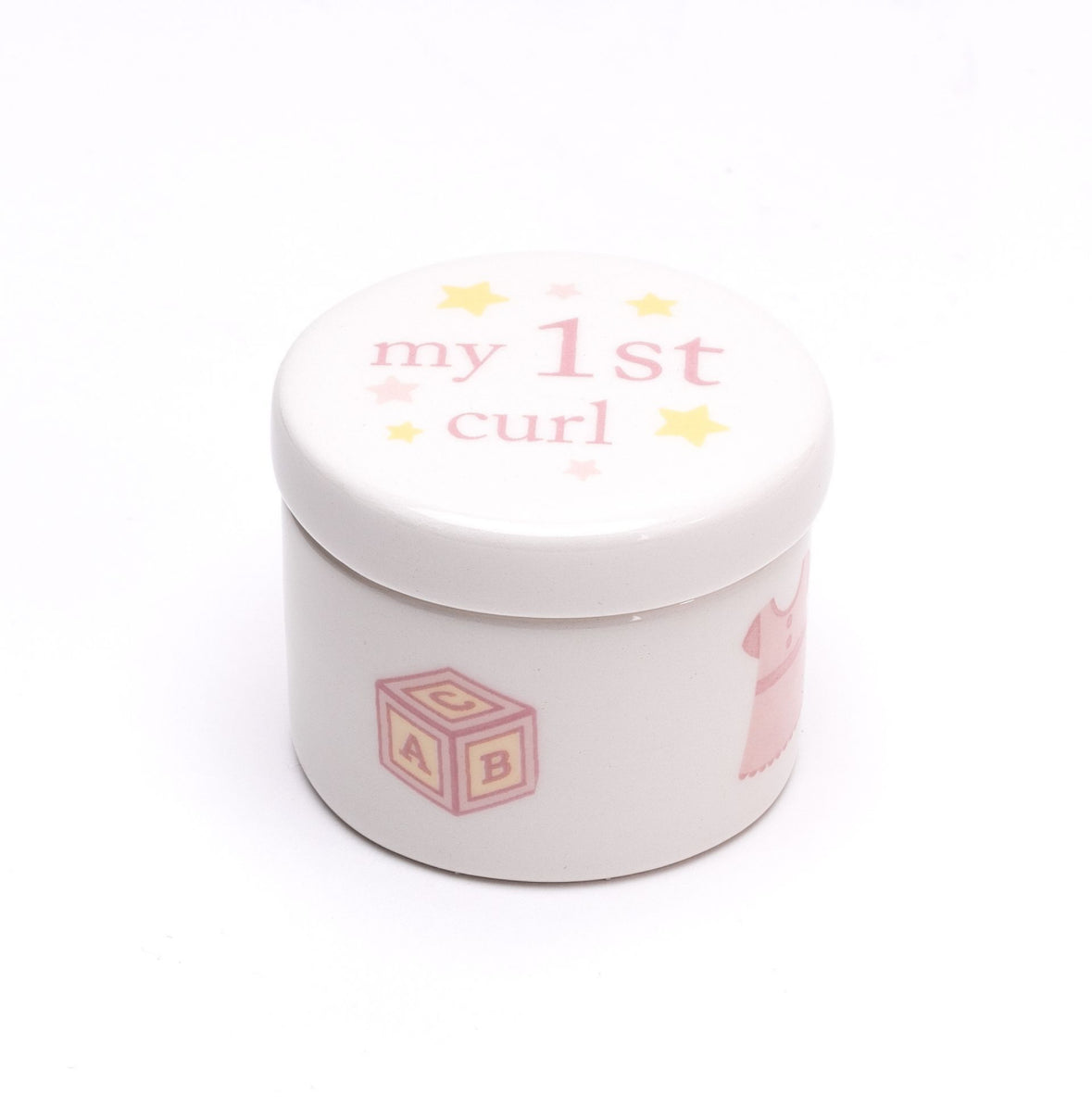 Witte keramische set met roze en gele accenten – baby’s eerste mijlpalen bewaren