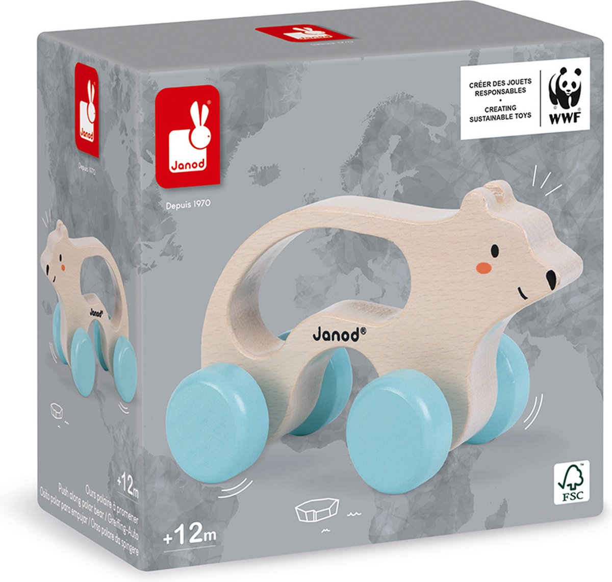 "Janod houten ijsbeer op wielen – WWF collectie, FSC-gecertificeerd speelgoed"